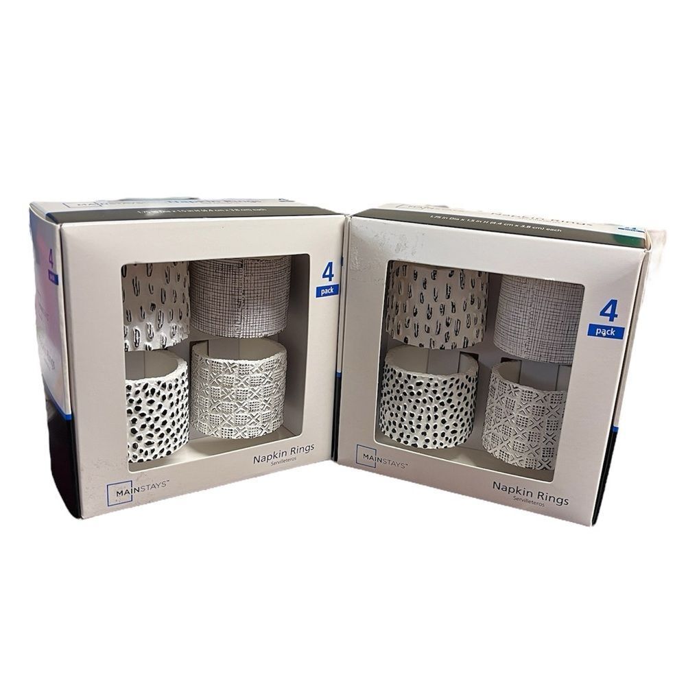 (8) Black White Modern 100% Resin Textured Napkin Ring Holder